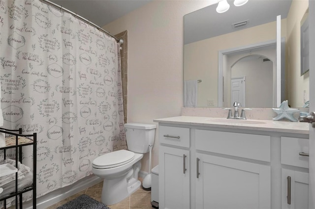 bathroom with tile patterned flooring, vanity, and toilet