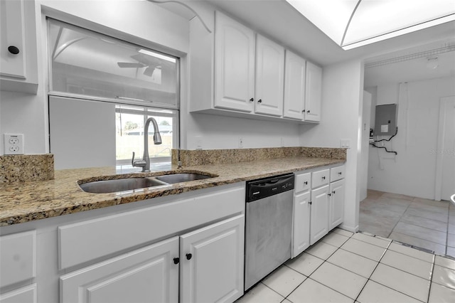 kitchen featuring stainless steel dishwasher, white cabinets, sink, and electric panel