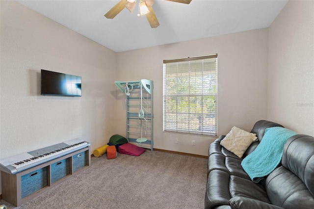 game room featuring ceiling fan and carpet floors