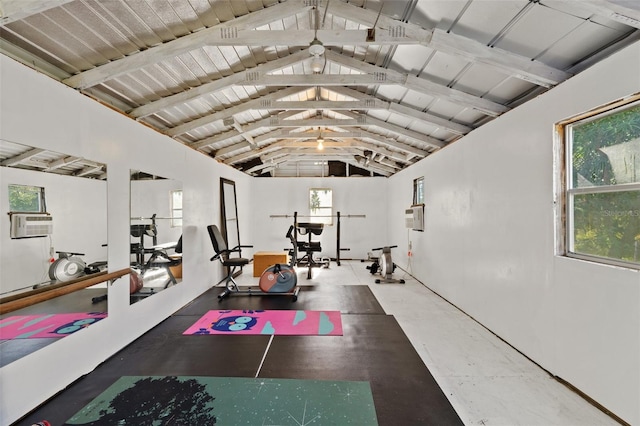 workout room with wooden ceiling and lofted ceiling