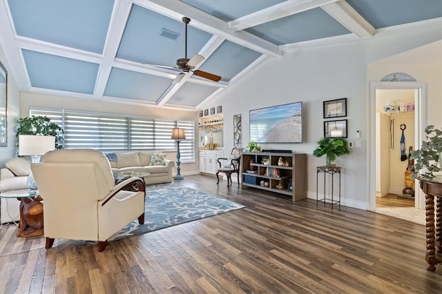 living room featuring beamed ceiling, dark hardwood / wood-style floors, high vaulted ceiling, and ceiling fan