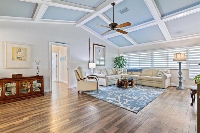 living room with ceiling fan, lofted ceiling with beams, and wood-type flooring