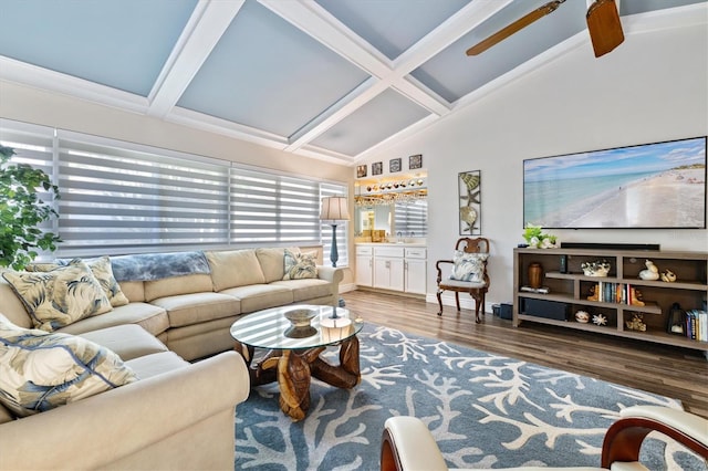 living room featuring vaulted ceiling with beams, ceiling fan, and wood-type flooring