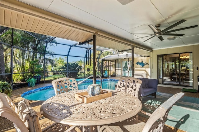 exterior space featuring ceiling fan and a lanai