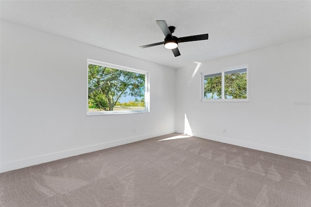 carpeted spare room with ceiling fan, a healthy amount of sunlight, and a textured ceiling