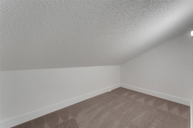 additional living space featuring carpet flooring, lofted ceiling, and a textured ceiling