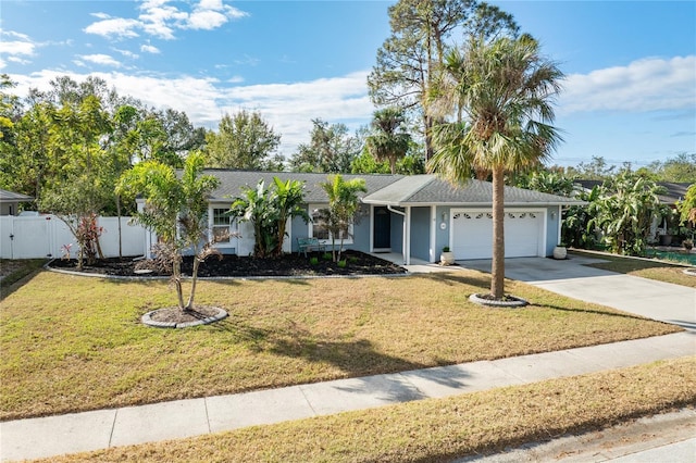 ranch-style home with a front lawn and a garage