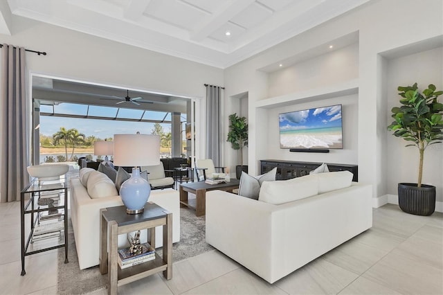 tiled living room with beamed ceiling, ceiling fan, a towering ceiling, and coffered ceiling