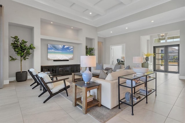 living room featuring french doors, an inviting chandelier, light tile patterned floors, and crown molding