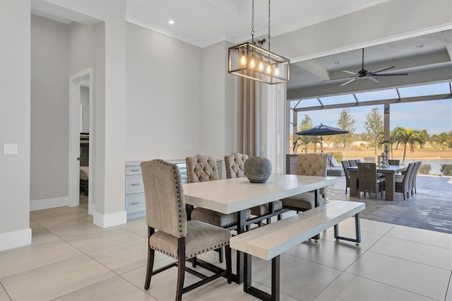 tiled dining room with ceiling fan