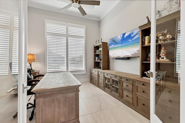 tiled office with ceiling fan and crown molding