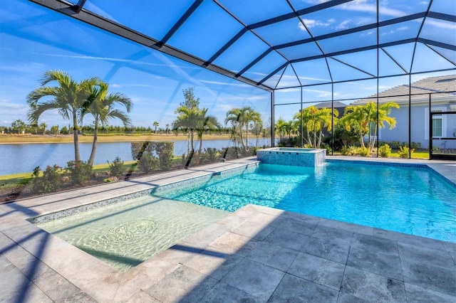 view of pool with glass enclosure, an in ground hot tub, a water view, and a patio