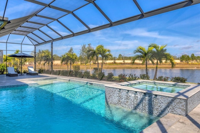 view of pool with a lanai, a patio area, an in ground hot tub, and a water view