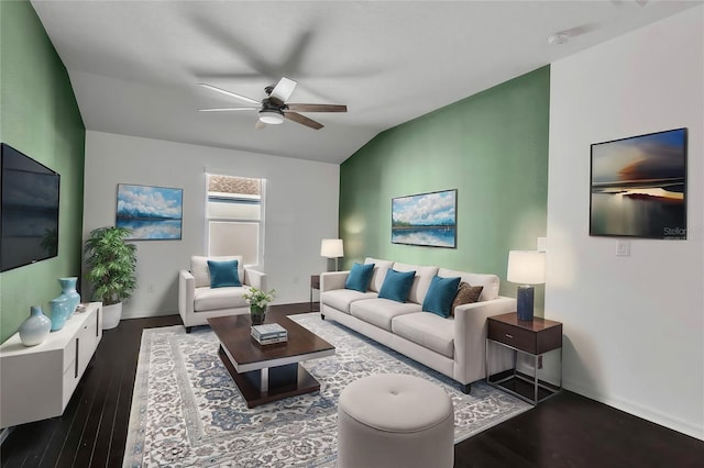 living room featuring ceiling fan, dark hardwood / wood-style flooring, and lofted ceiling