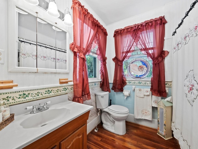 bathroom with vanity, hardwood / wood-style flooring, and toilet