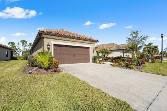 mediterranean / spanish-style home featuring a garage, a front lawn, and cooling unit