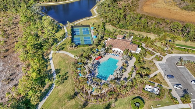 bird's eye view with a water view