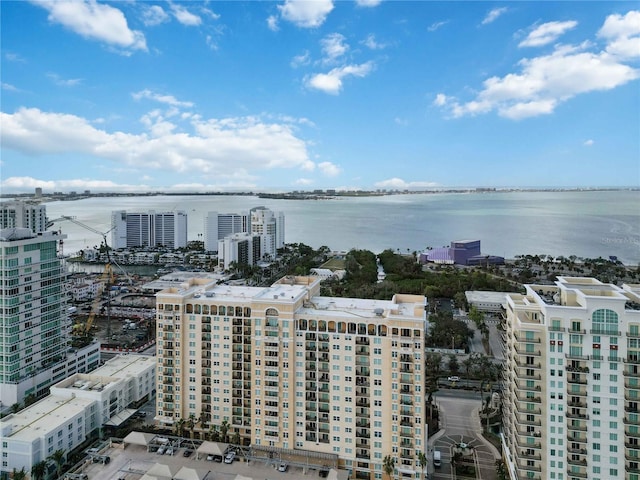 drone / aerial view with a water view