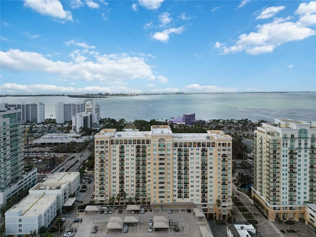 bird's eye view with a water view