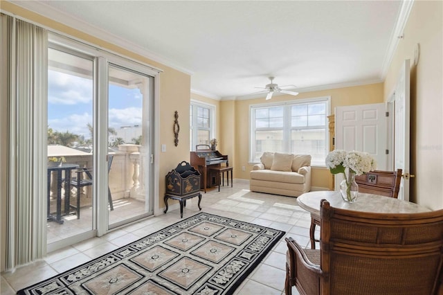 interior space with ceiling fan, ornamental molding, and a wealth of natural light