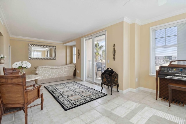 living area featuring light tile patterned floors and ornamental molding