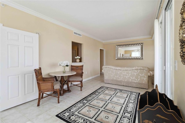 living room with crown molding and light tile patterned floors