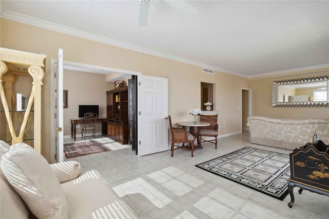 living room featuring light tile patterned floors, ceiling fan, and ornamental molding