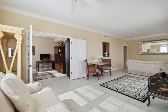 750 N Tamiami Trl Unit 420, Sarasota, FL 34236 - tiled living room with ornamental molding, ceiling fan, and an office area