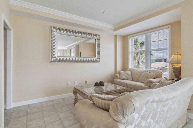 tiled living room with ornamental molding