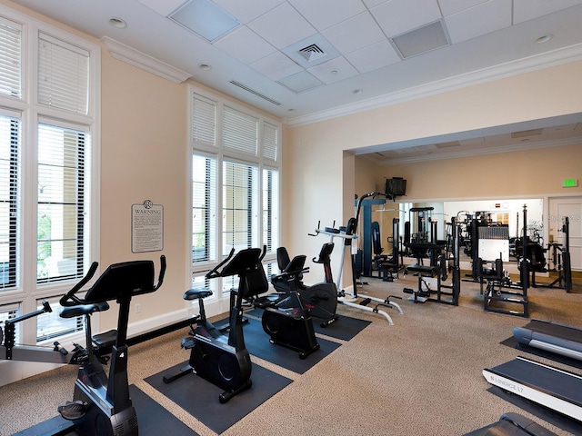 gym featuring a paneled ceiling, plenty of natural light, and ornamental molding