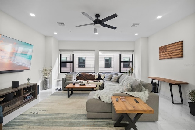 living room with ceiling fan