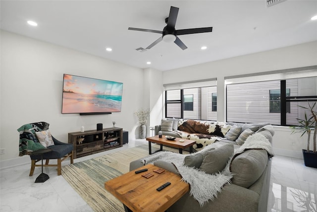 living room featuring ceiling fan