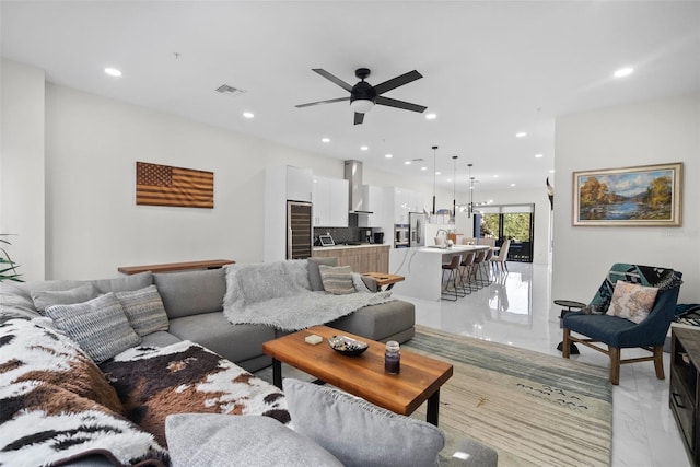 living room with ceiling fan