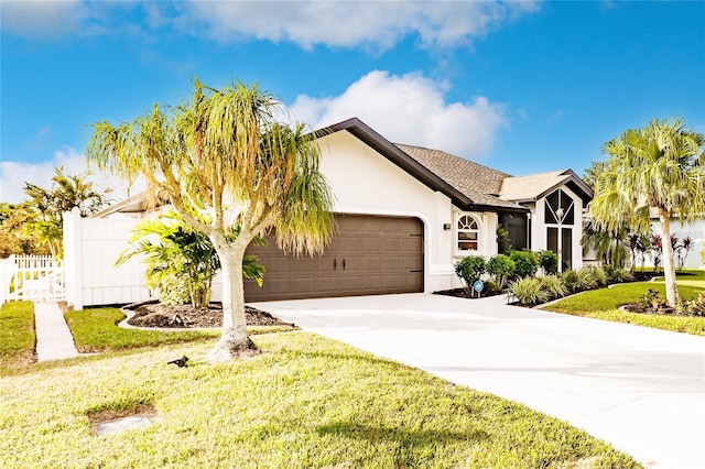 view of front of property with a garage and a front lawn