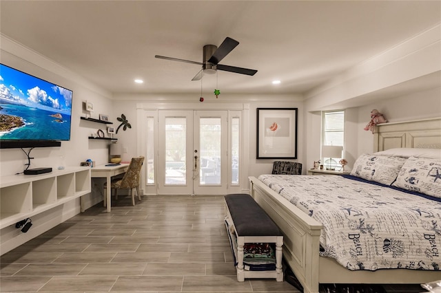 bedroom featuring ceiling fan, access to exterior, light wood-type flooring, and french doors