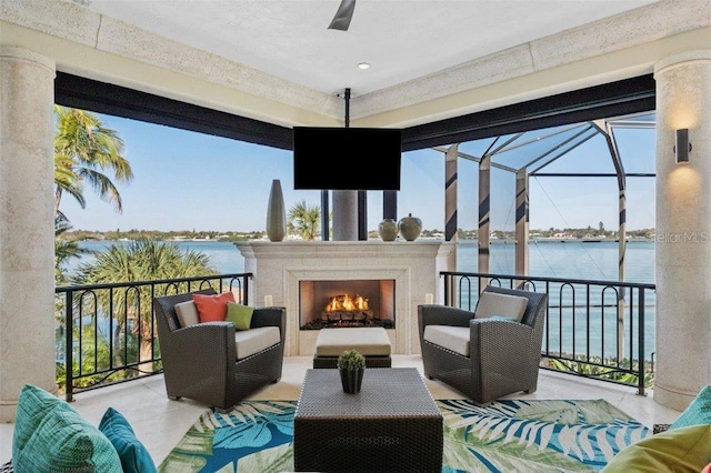 interior space featuring an outdoor living space with a fireplace