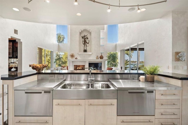 kitchen featuring stainless steel counters, sink, stainless steel dishwasher, and an outdoor fireplace