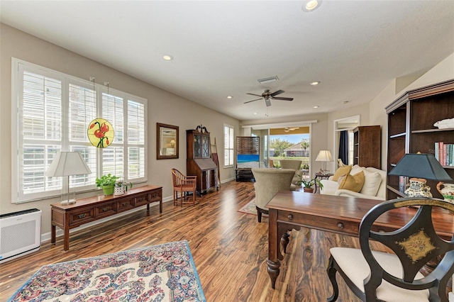 office area featuring hardwood / wood-style flooring and ceiling fan