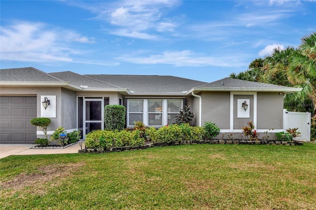 ranch-style home featuring a garage and a front yard