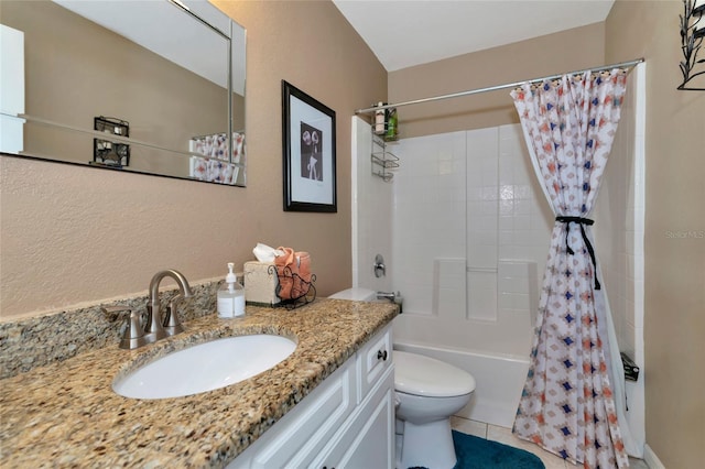 full bathroom with vanity, toilet, tile patterned flooring, and shower / bath combo with shower curtain