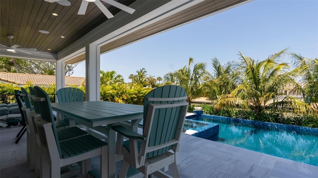 view of pool featuring ceiling fan, a patio, and an in ground hot tub