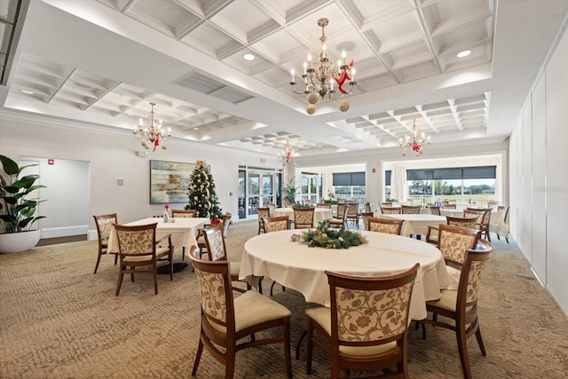 carpeted dining space with beamed ceiling, crown molding, and coffered ceiling