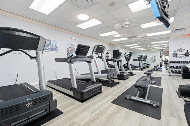 workout area featuring light hardwood / wood-style flooring, a drop ceiling, and ceiling fan