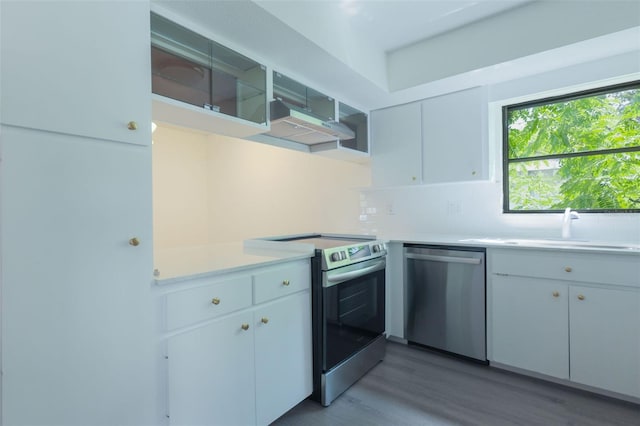 kitchen with white cabinetry, sink, appliances with stainless steel finishes, and light hardwood / wood-style flooring