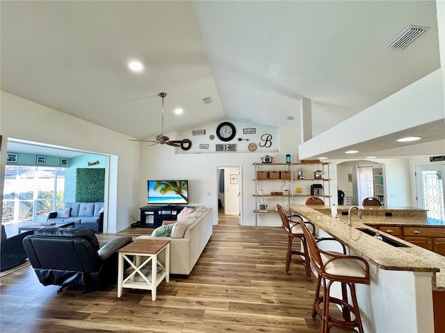 living room with wood-type flooring, plenty of natural light, lofted ceiling, and ceiling fan