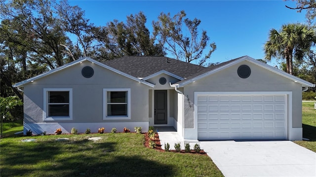 ranch-style house featuring a garage and a front lawn