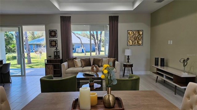 living room with a raised ceiling, light wood-type flooring, and a wealth of natural light