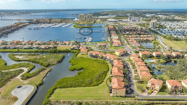 aerial view featuring a water view