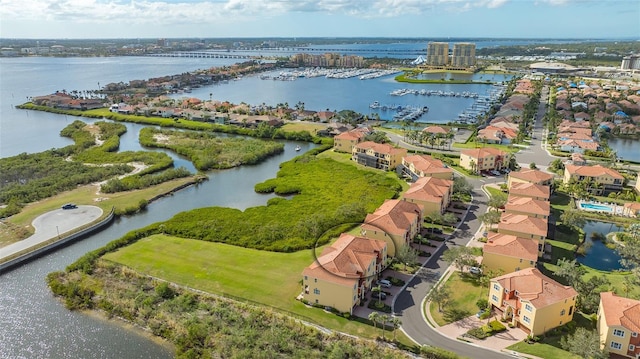 drone / aerial view featuring a water view