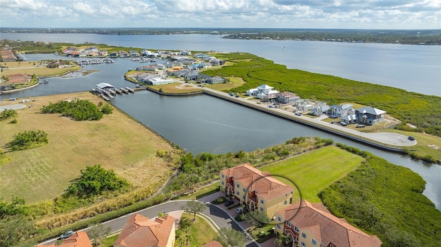 drone / aerial view with a water view